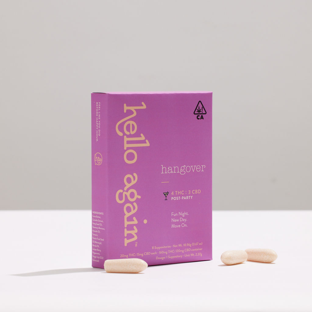 Photograph of Product: Hangover CBD 4:3 | 20mg THC : 15mg CBD 8PK Suppository | Hello Again