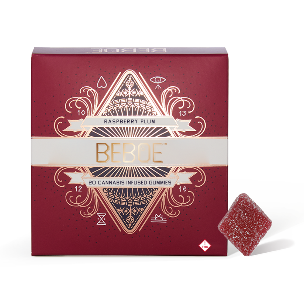 Photograph of product: Beboe - Raspberry Plum 5:1 TH-oui:CBN - 100mg/20pk