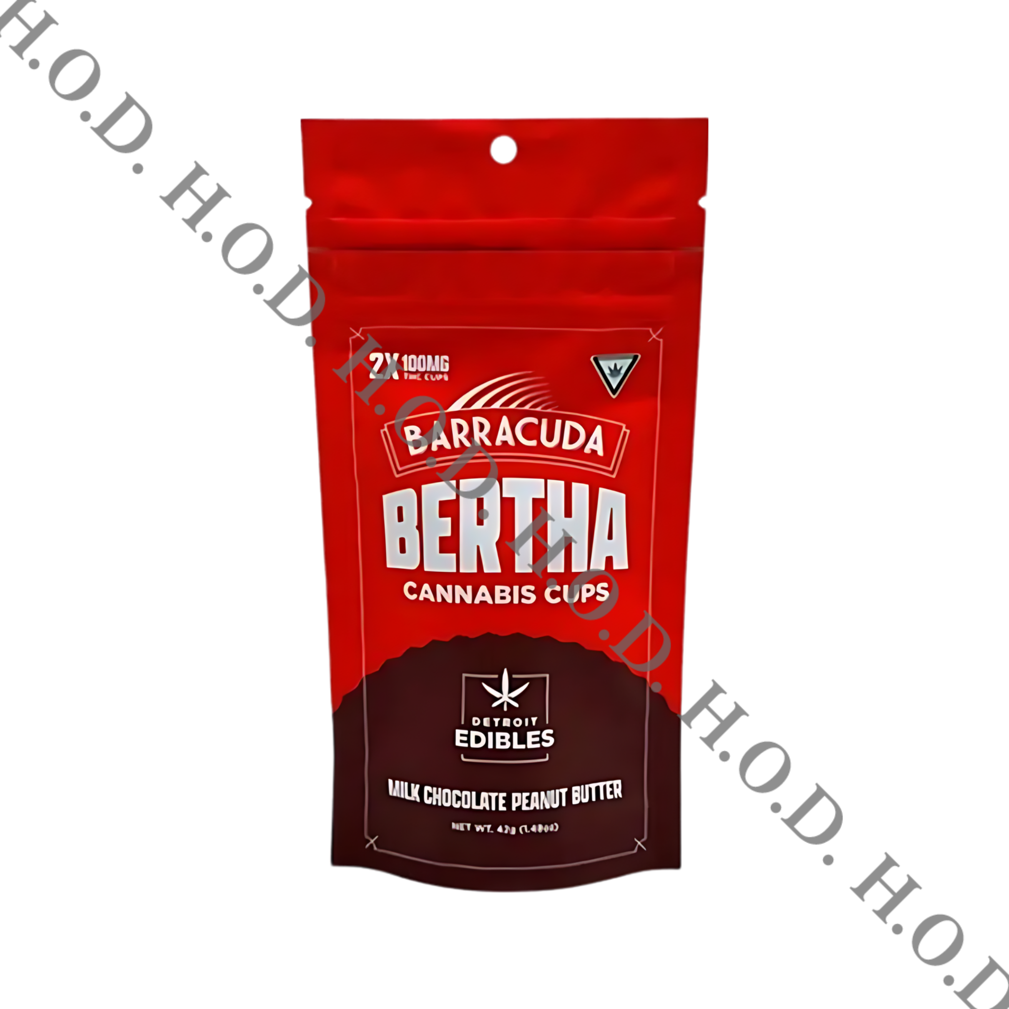 Photograph of product: Detroit Edibles Milk Chocolate Peanut Butter Barracuda Bertha Cups 2x100mg