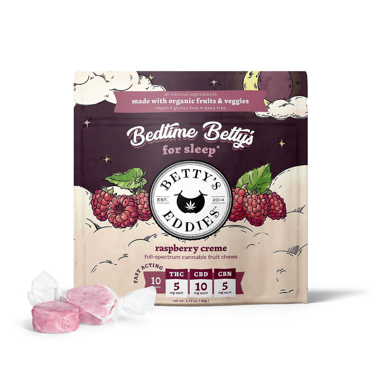 Photograph of product: Raspberry Creme Bedtime Betty's | 50mg | 1:2:1 Fast Acting Chews