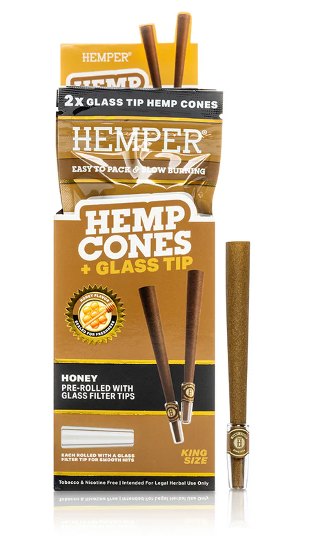 Photograph of product: Accessories | Hemper | King Size Hemp Cones + Glass Tip | Honey | 2pk