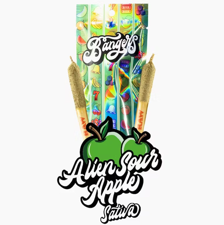 Photograph of product: Bangers Alien Sour Apple 2 pack infused prerolls (S) 1.2g