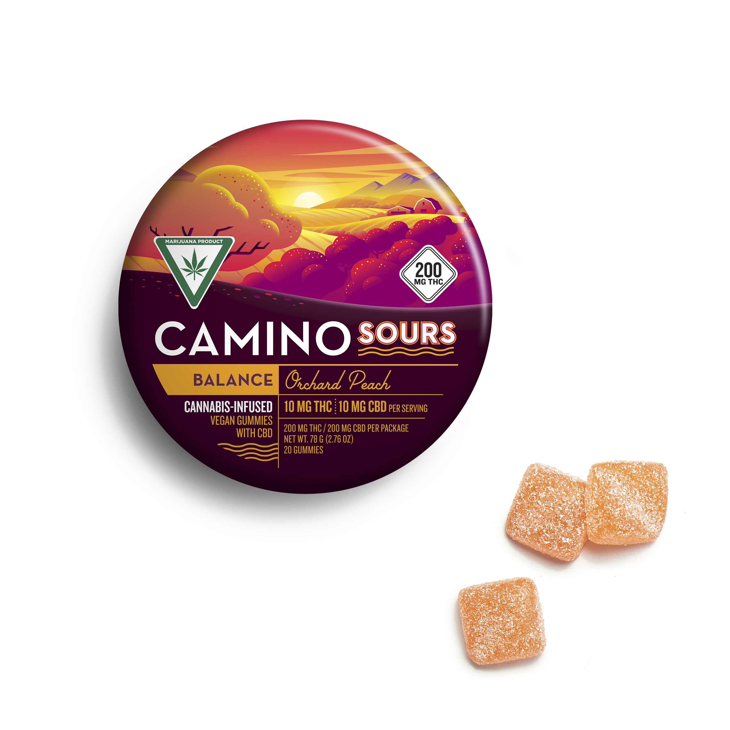 Photograph of Product: Camino Sours 'Balance' Orchard Peach Gummies [20pk] (200mg CBD : 200mg THC)
