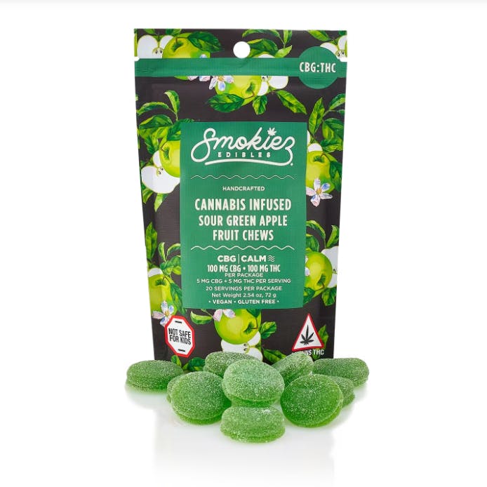 Photograph of product: Sour Green Apple 100mg CBG : 100mg TH-oui 1:1 Fruit Chews