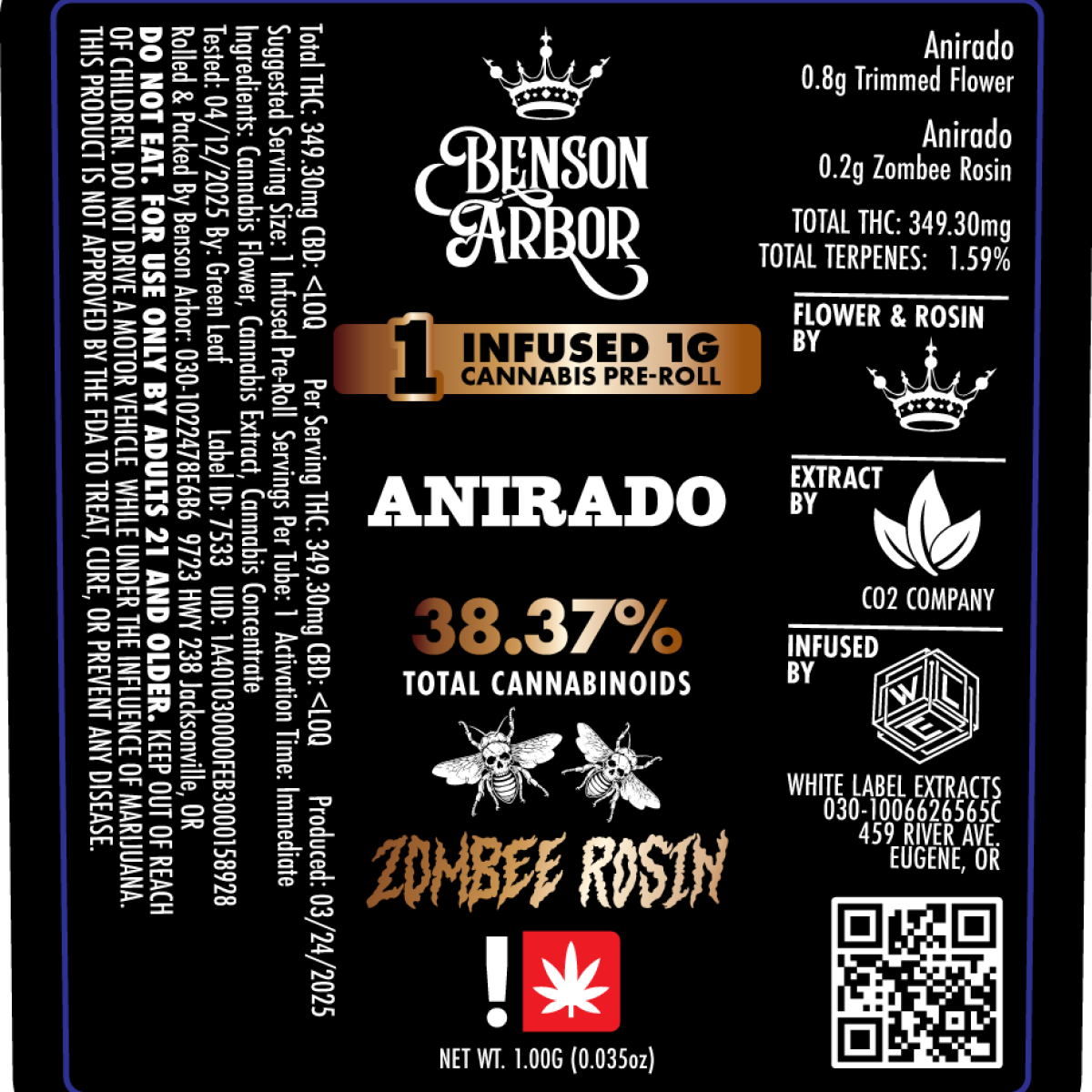 Photograph of product: Benson Arbor - Anirado - Zombee Rosin - Infused Preroll