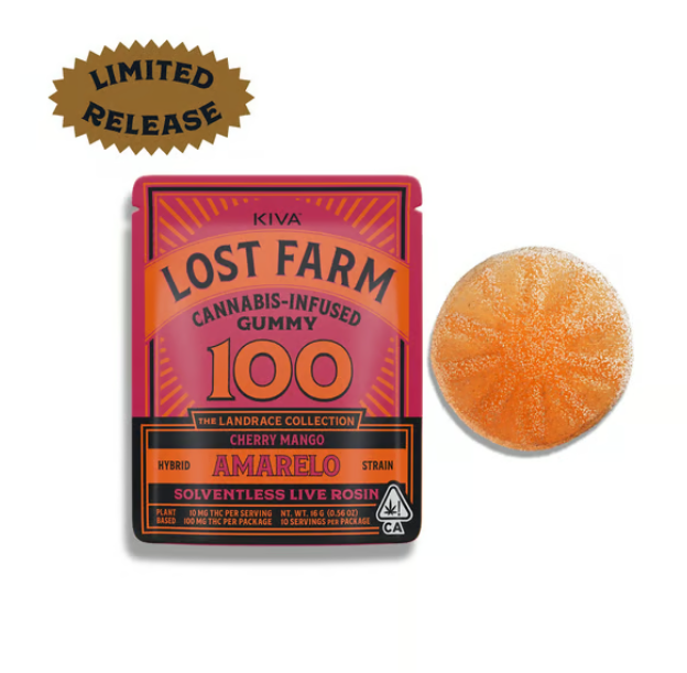 Photograph of product: Cherry Mango x Amarelo [H] | 100mg Single Live Rosin Gummy | Lost Farm