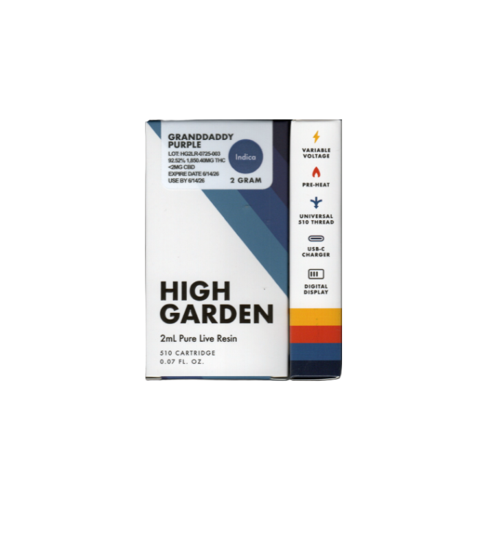 Photograph of product: High Garden Pure Live Resin Cartridge- Granddaddy Purple 2mL