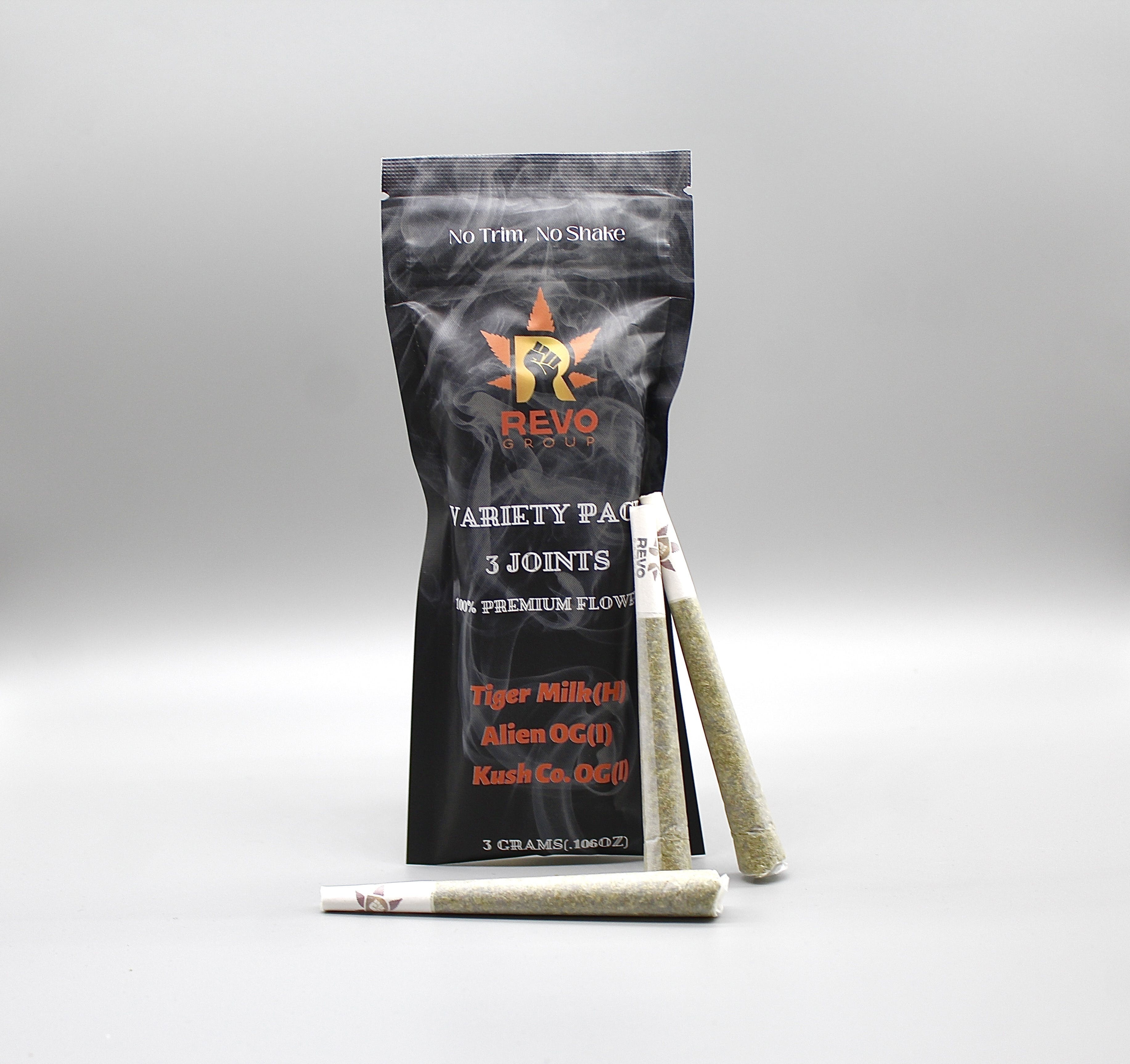 Photograph of product: Revo Group - Variety Pack: Tiger's Milk, Alien OG, Kush CO OG - 3 items