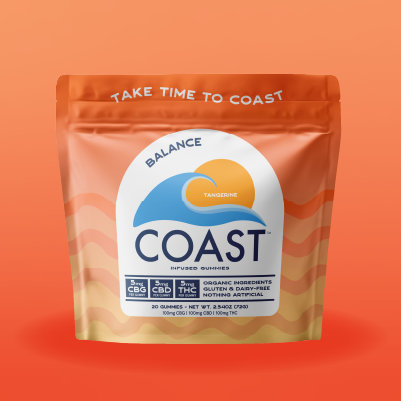 Photograph of product: Coast Tangerine Infused Chews 1:1:1 (TH-oui:CBG:CBD (TH-oui/5mg CBG/5mg CBD/5mg 20-pack)