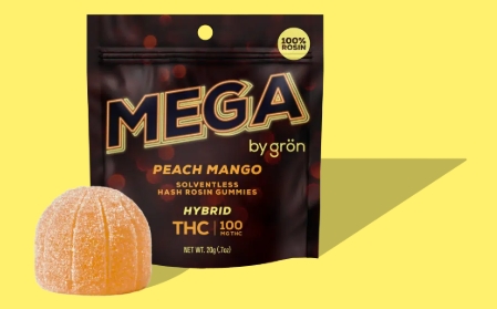 Photograph of product: Grn - Mega - Peach Mango - Single au chocolat Rosin Infused Mega Gummy
