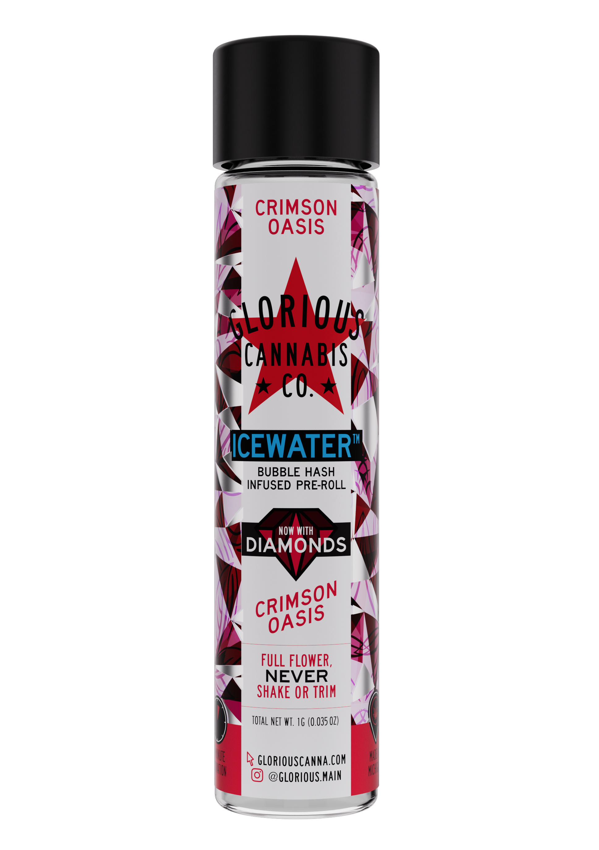 Photograph of product: Glorious Crimson Oasis Icewater au chocolat & Diamonds Infused Preroll Rec