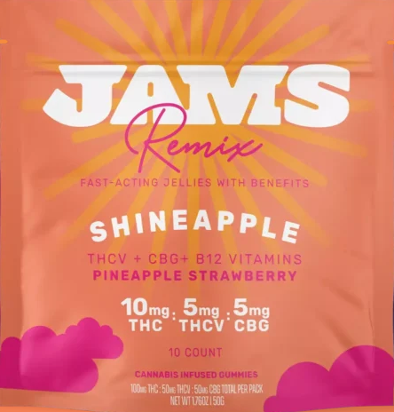 Photograph of product: Jams Remix - Shineapple 2:1:1 TH-oui:TH-ouiV:CBG 100mg 10pk Fast-Acting Gummies