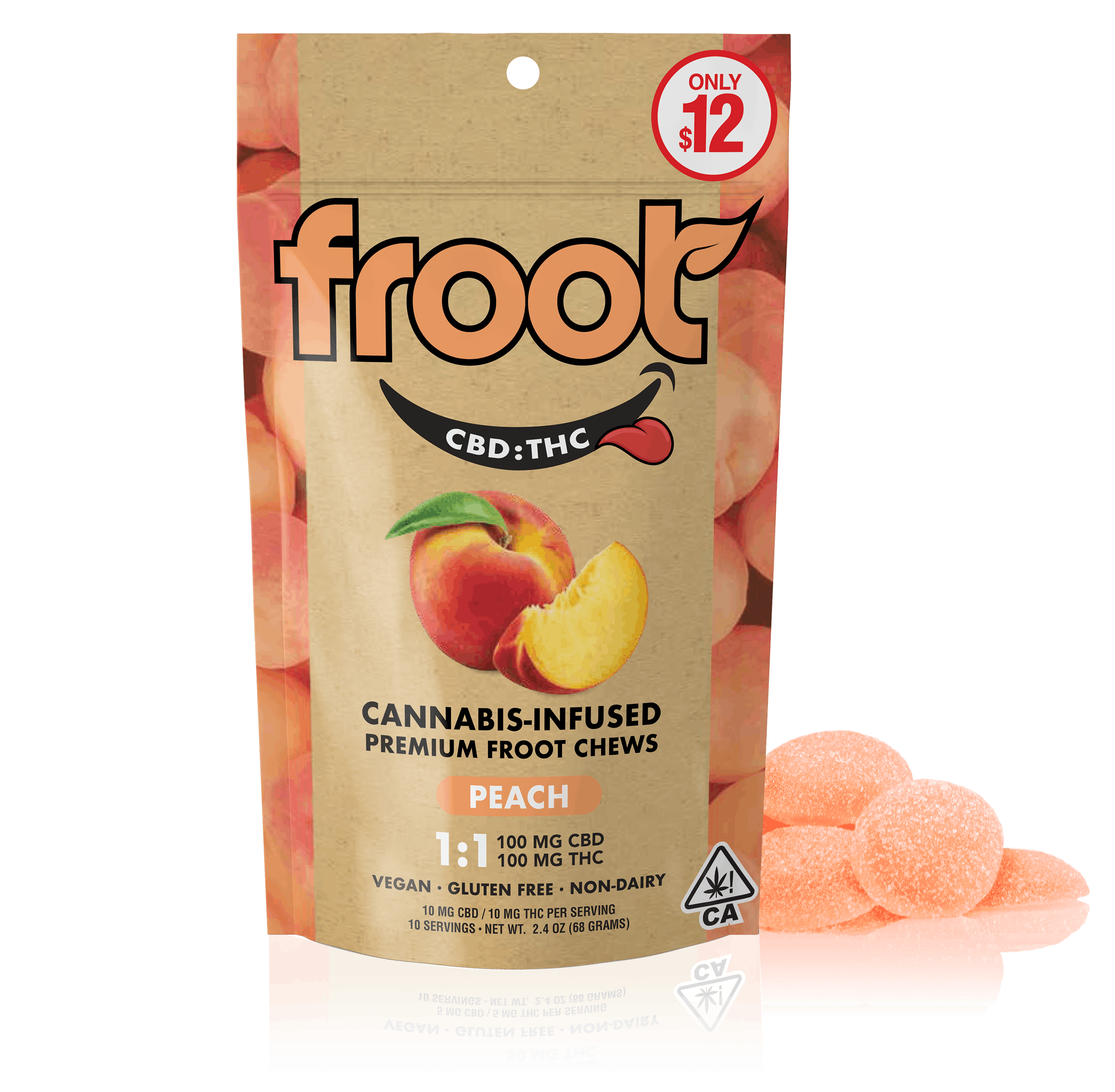 Photograph of product: Froot - 10pk Peach 1:1 TH-oui:CBD Gummies 100mg