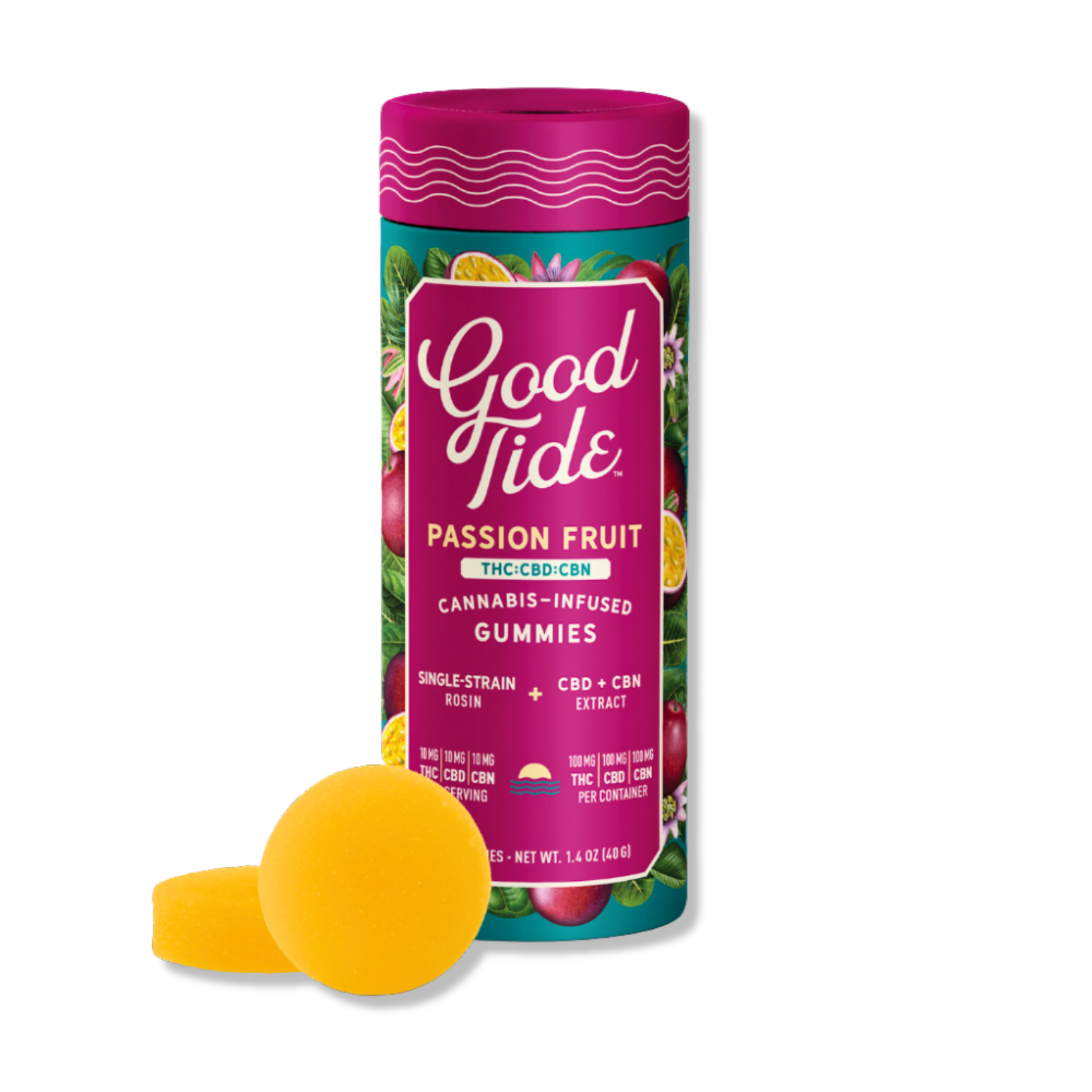 Photograph of product: Good Tide - Passion Fruit 1:1:1 TH-oui:CBD:CBN Rosin Sleep Gummies - 100mg