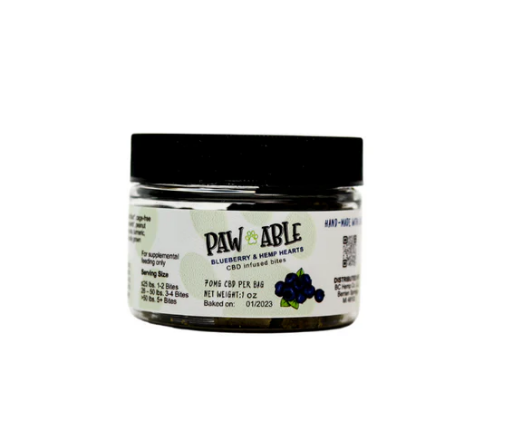 Photograph of product: Pawable | Blueberry & Hemp Hearts | 130mg CBD | 25 Count Jar