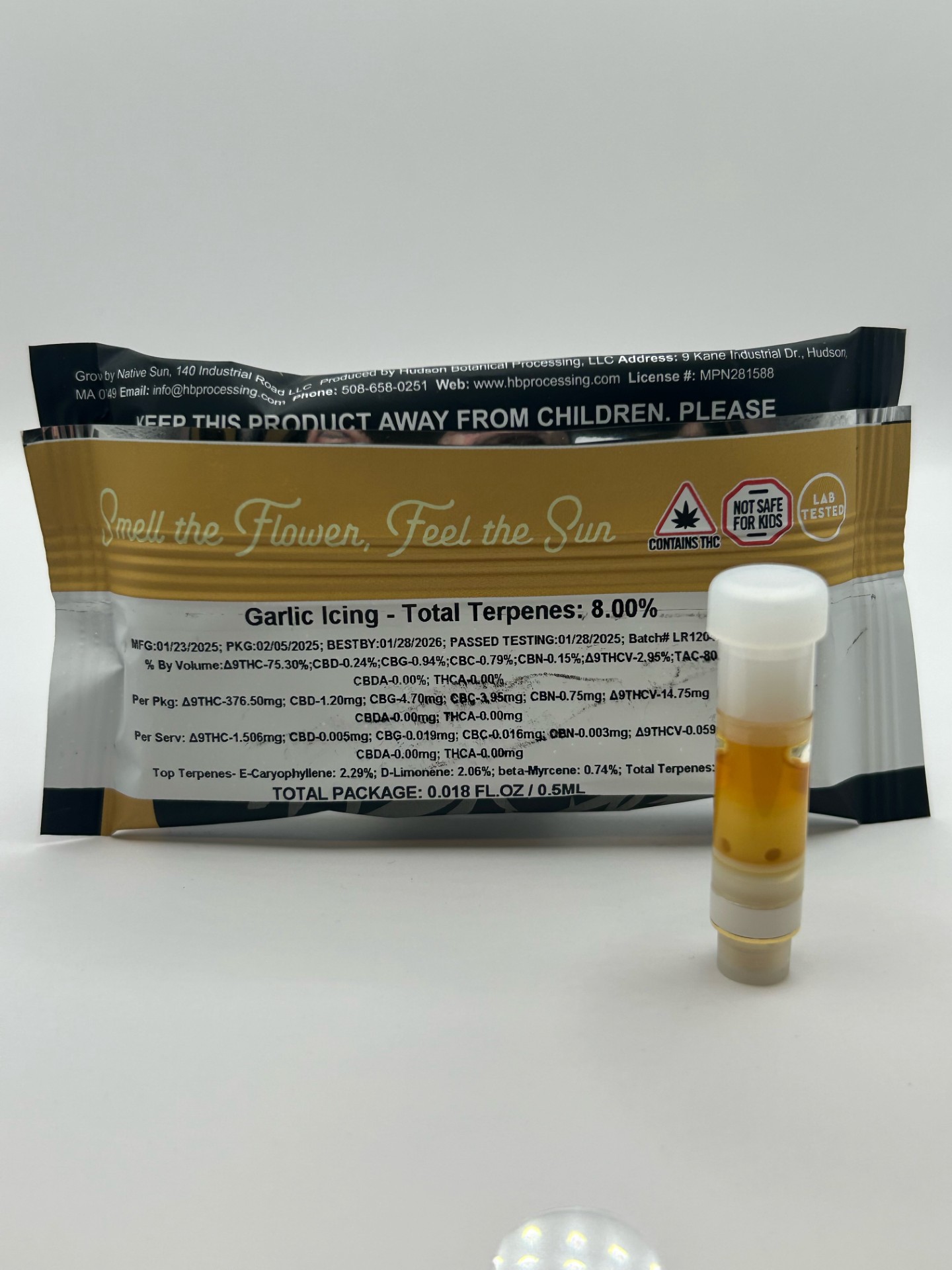 Photograph of product: Native Sun | Live Resin - Garlic Icing | 0.5g Cartridge