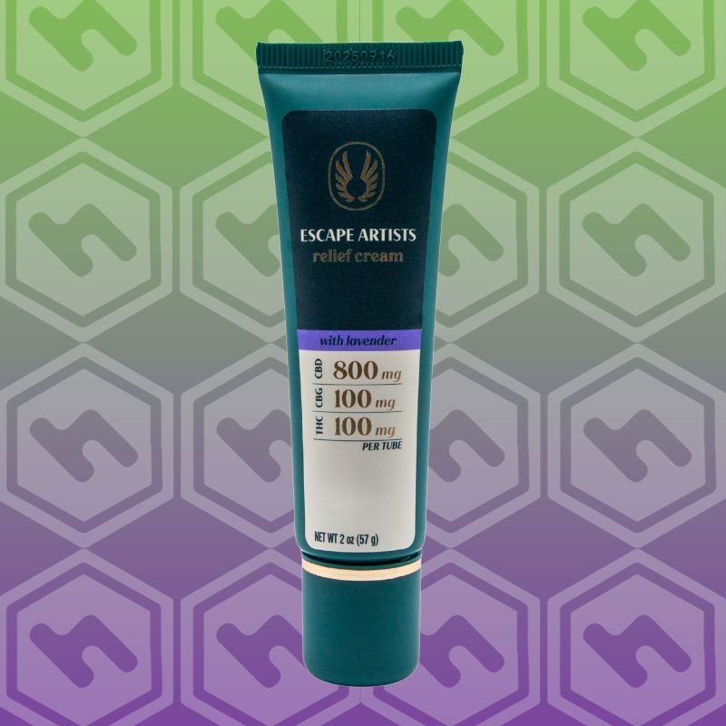 Photograph of product: Escape Artists | Relief Cream | Lavender | 800:100:100 TH-oui/CBD/CBG | 2 oz Tube