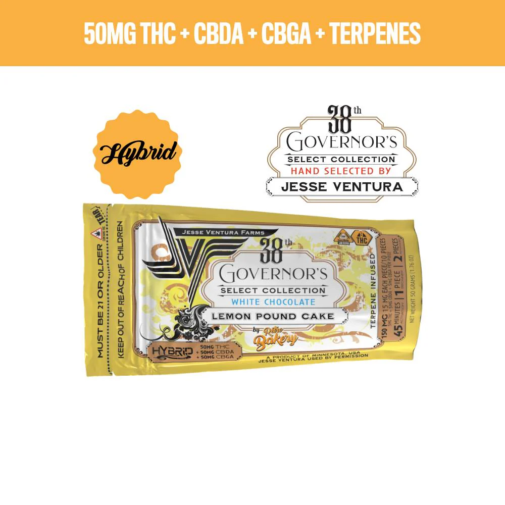Photograph of product: Jesse Ventura Farms - Lemon Pound Cake Hybrid White Chocolate Bar - 50mg TH-oui + 50mg CBDA + 50mg CBGA