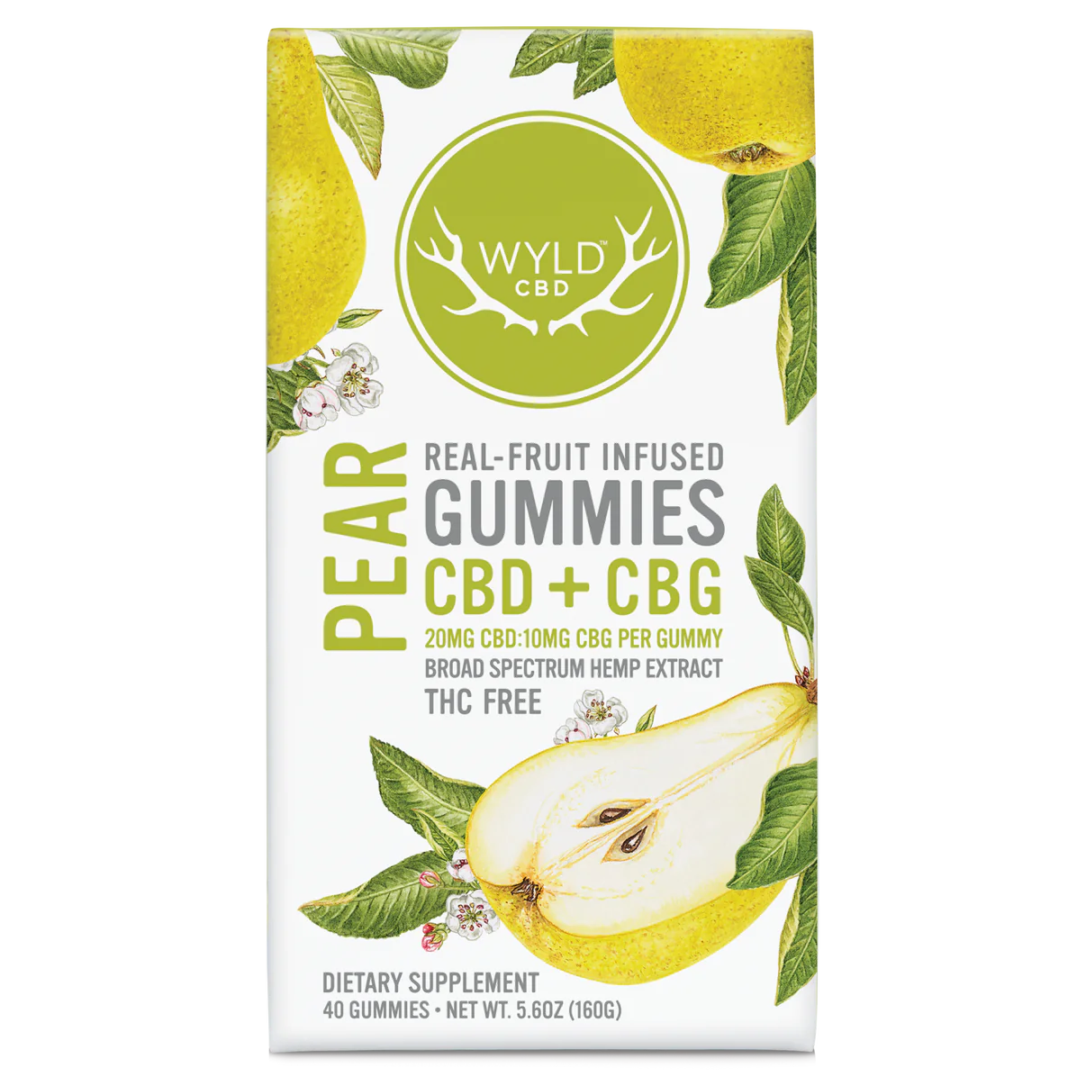 Photograph of product: Wyld CBD | Pear CBD + CBG Gummies | 800mg CBD/400mg CBG THC-Free | BOOST | 40ct (20mg CBD/10mg CBG per)