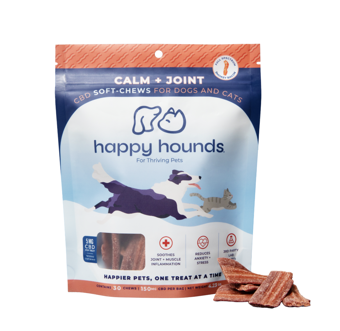 Photograph of product: Happy Hounds | Calm + Joint Bacon Chews for Dogs & Cats | 5mg 30ct