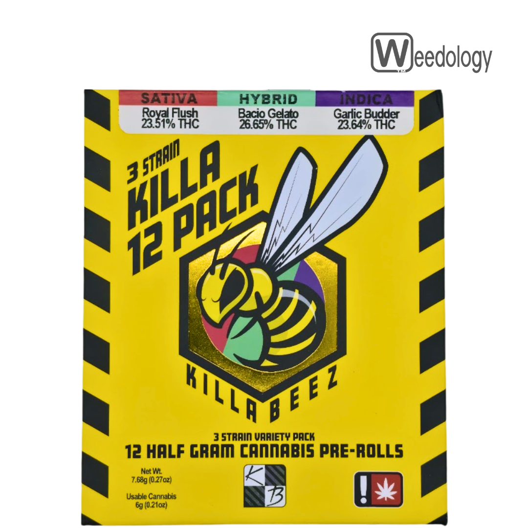 Photograph of product: Killa Beez 12pk ROYAL FLUSH(S)/BACIO GELATO(H)/GARLIC BUDDER(I) 0.5g Pre-Rolls