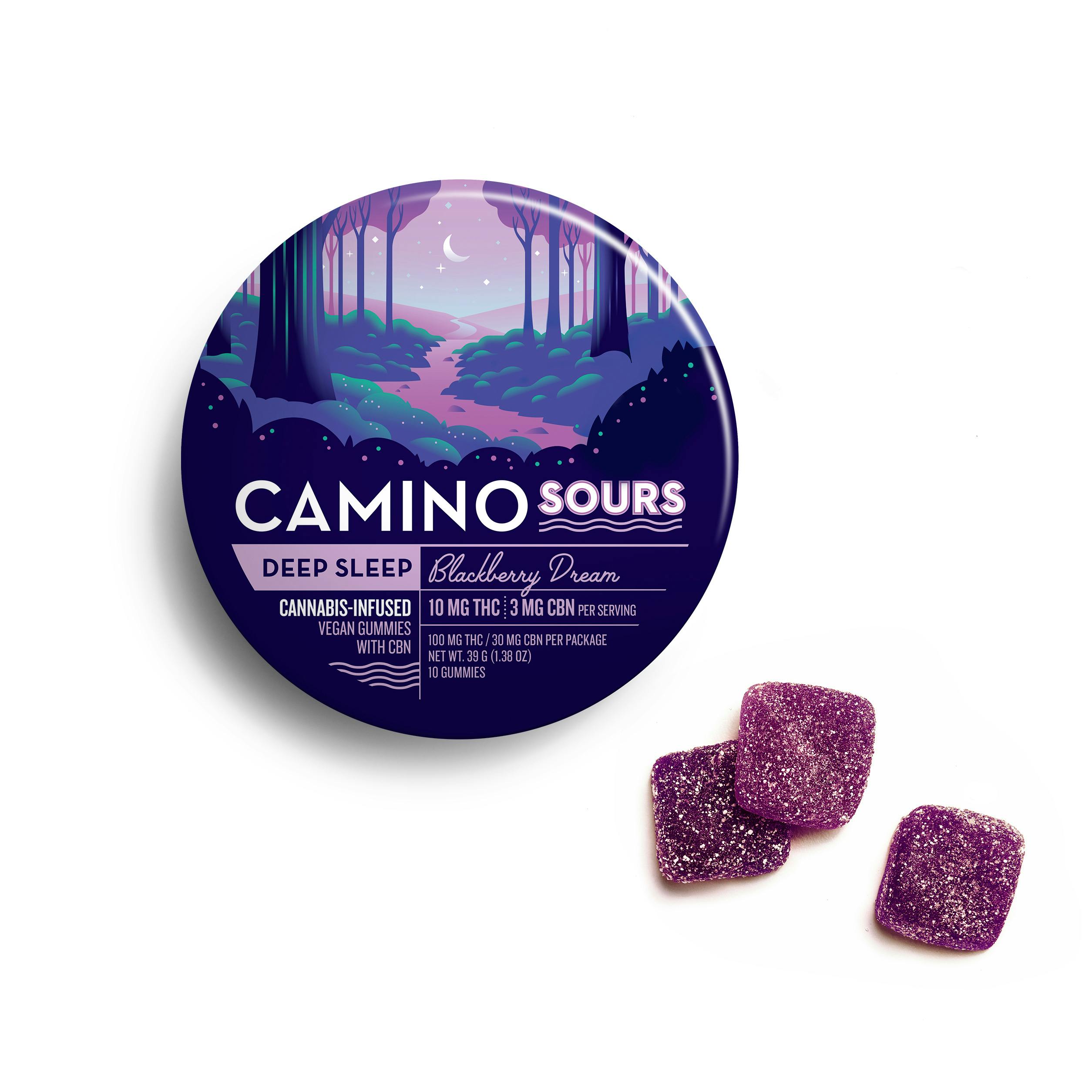 Photograph of product: Camino | Sours Blackberry Dream | 1:1:1 THC:CBD:CBN Gummies | 10ct | 100mg