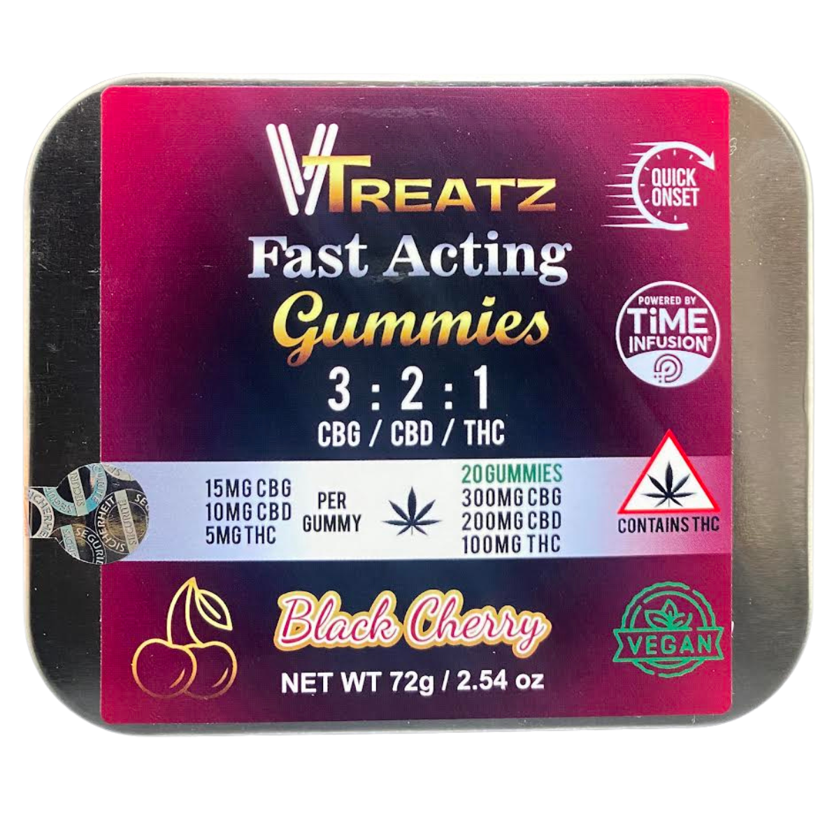 Photograph of Product: VTreatz - 3:2:1 CBG:CBD:THC 5mg Fast Acting Gummies - Black Cherry