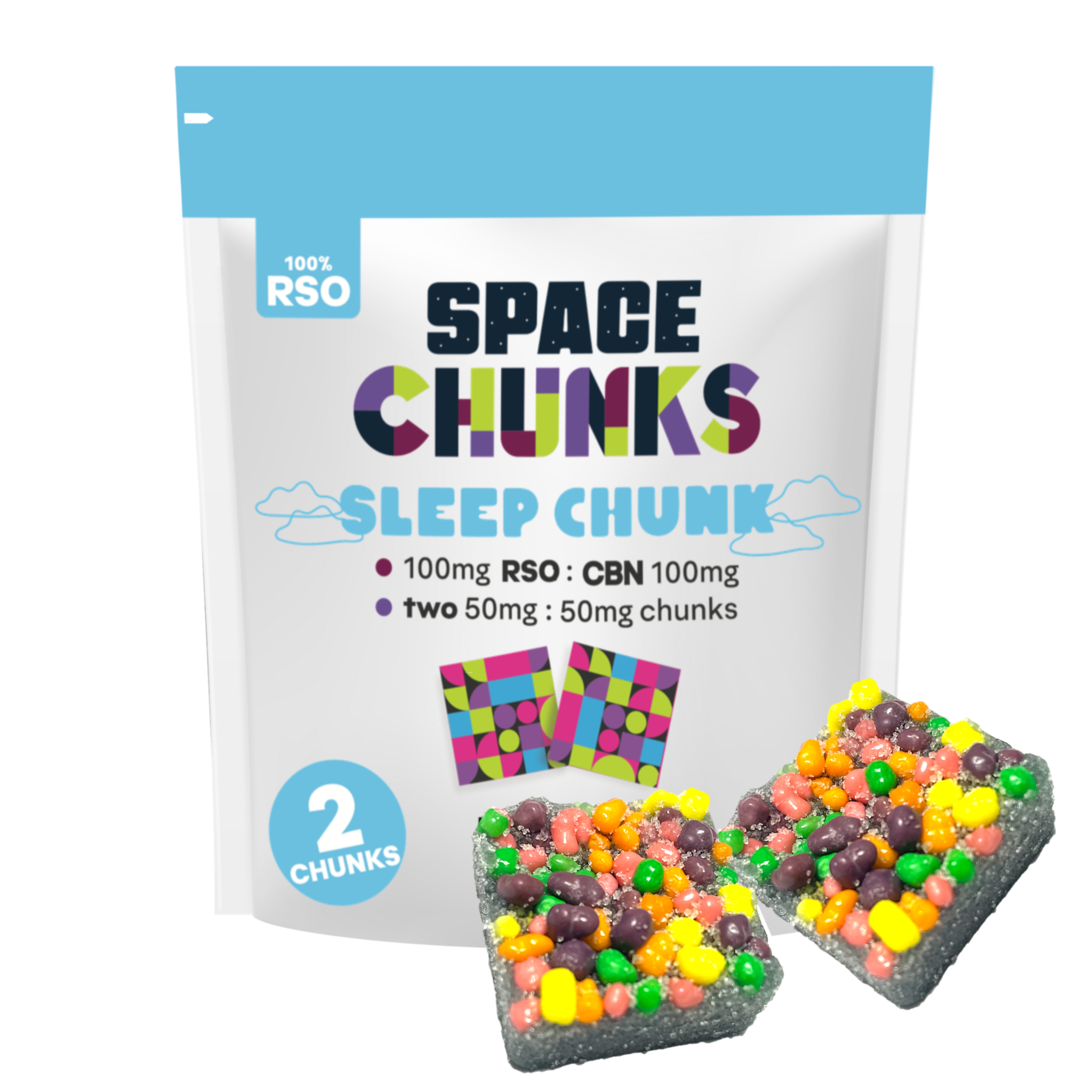 Photograph of product: HIJNX Gummies 100mg RSO: Space Chunk 1:1 TH-oui:CBN 2pc