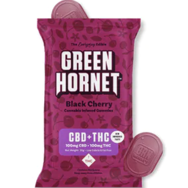 Photograph of product: Green Hornet Gummies Black Cherry (1:1) 100mg
