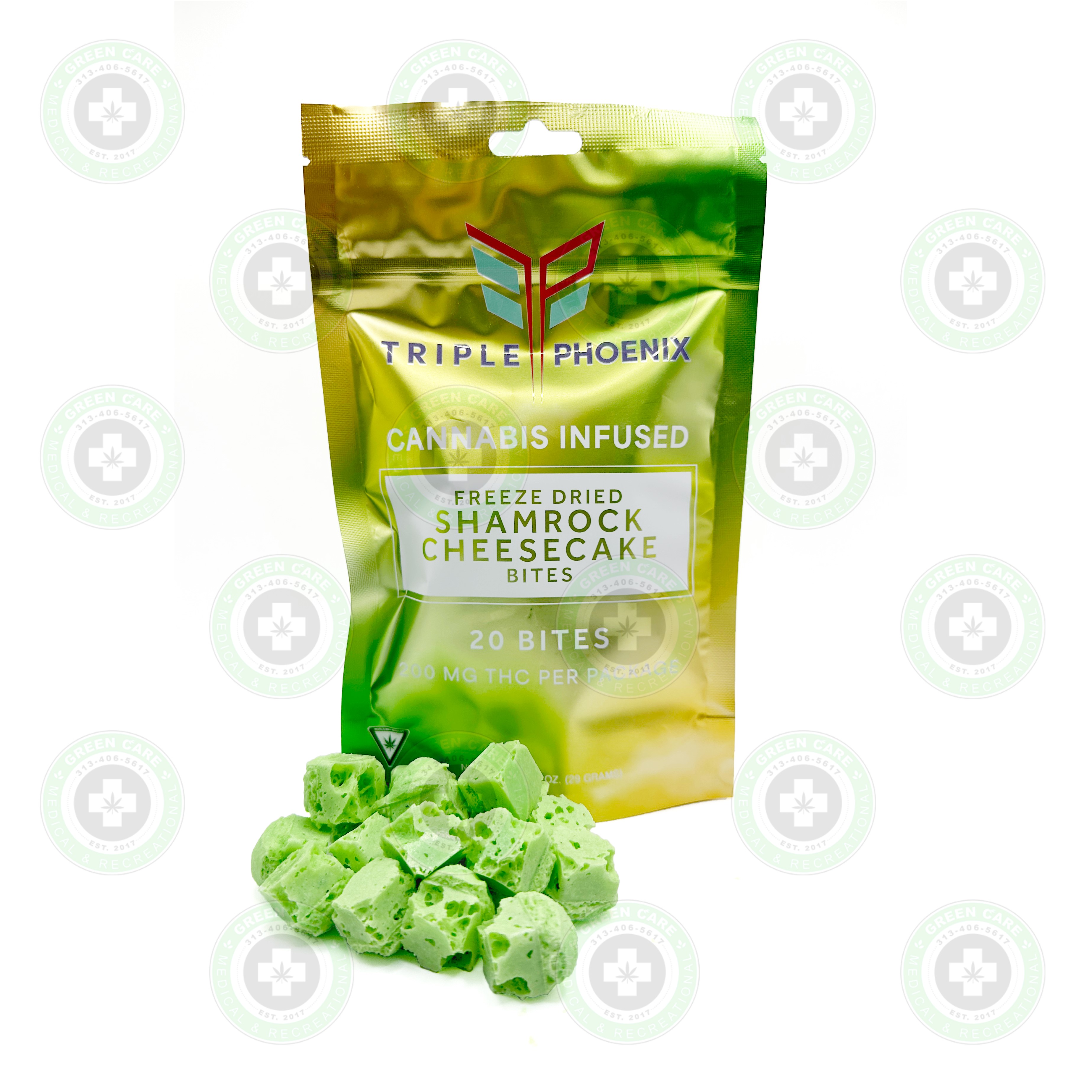 Photograph of product: Triple Phoenix - Freeze Dried Shamrock Cheesecake Bites 200mg | 2/$20