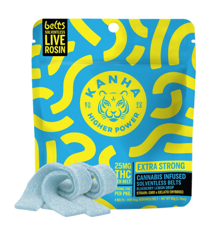 Photograph of product: Edible* - Kanha - Blueberry Lemon Drop Rosin Belts (H) - 100mg (4pk)