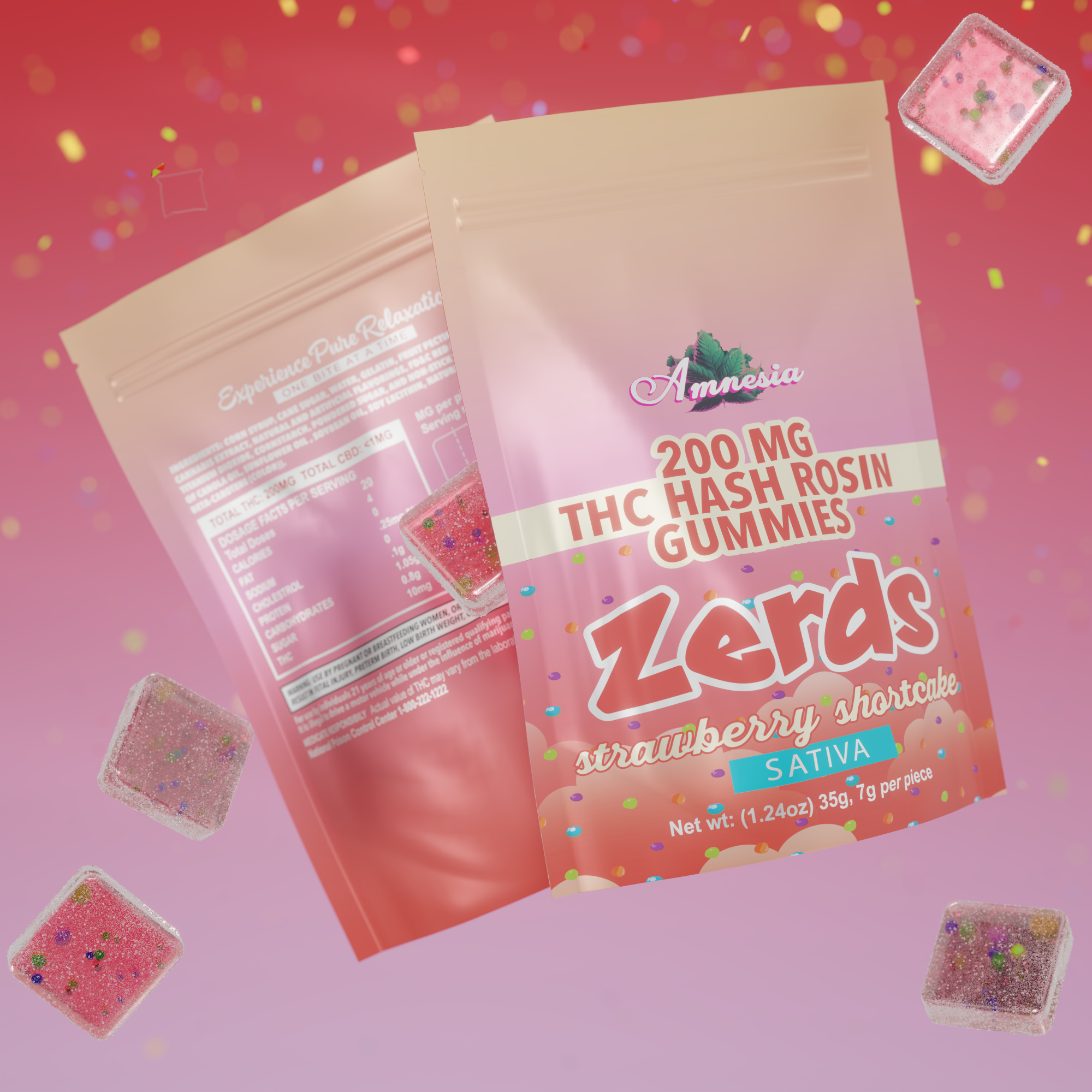 Photograph of product: Amnesia 200mg 1pk au chocolat Rosin Zerds Gummies Strawberry Shortcake