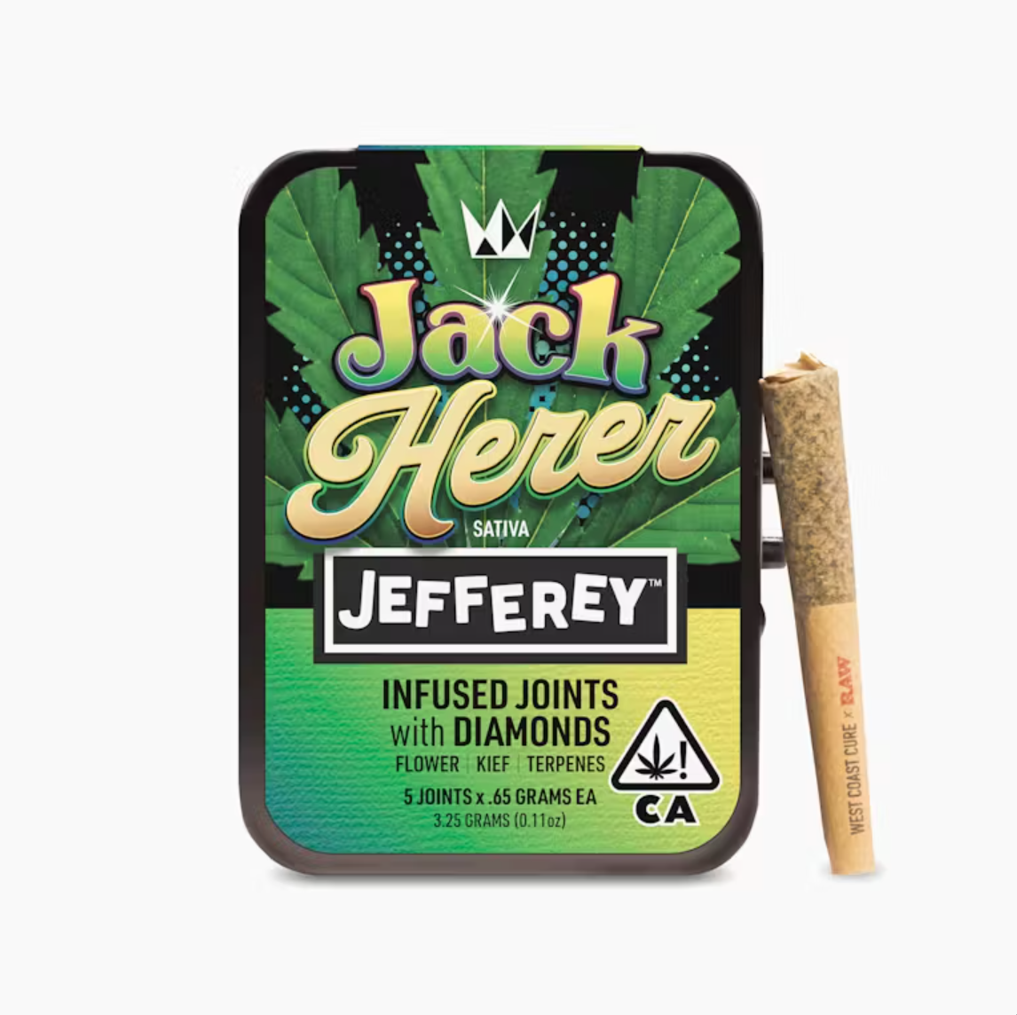 Photograph of product: JACK HERER 3.25G JEFFEREY INFUSED 5 PACK PREROLLS