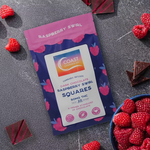 Photograph of product: Chocolate - 50mg/10pc - Dark Chocolate Raspberry Swirl Square