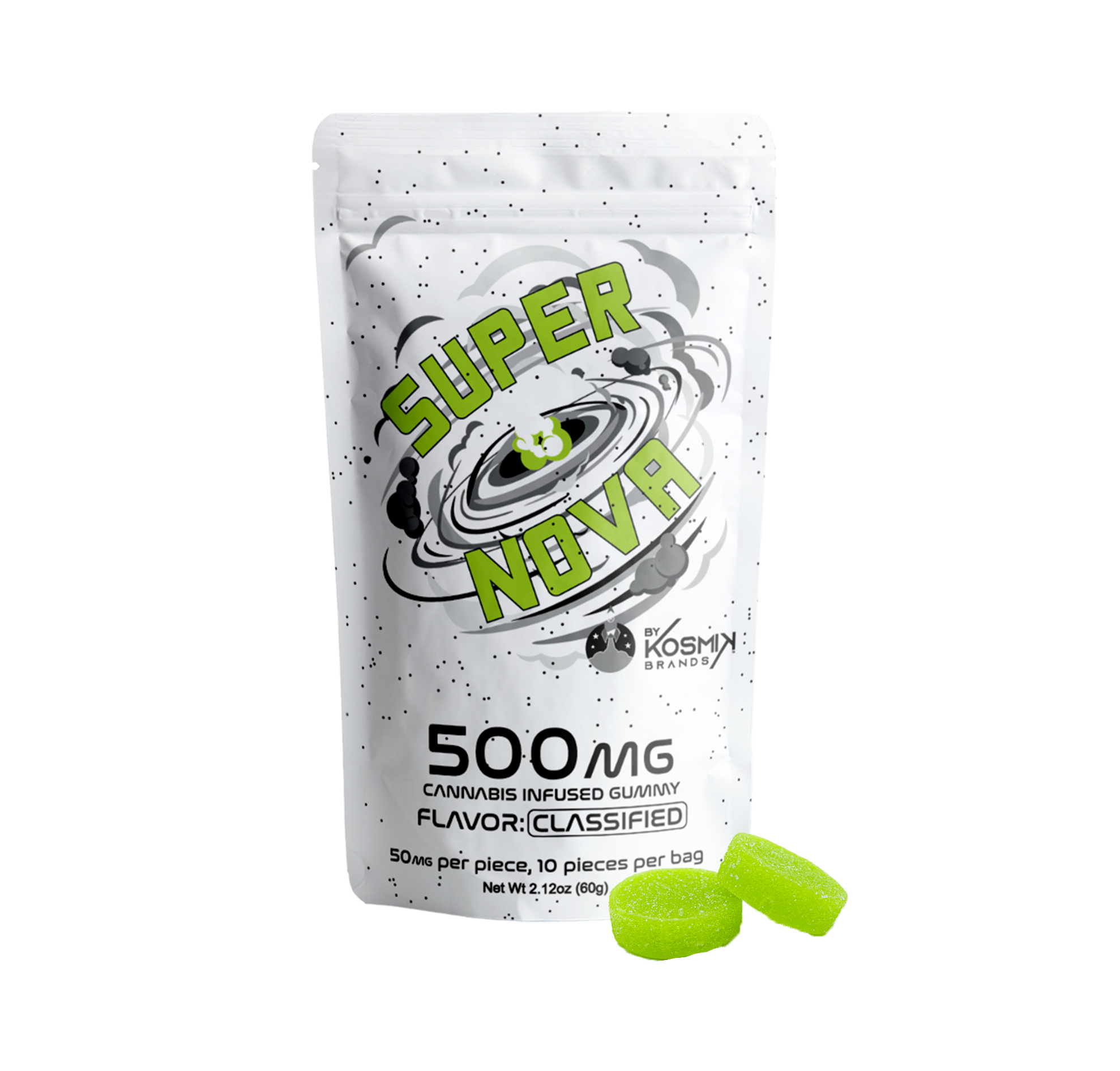 Photograph of product: KOSMIK - SUPERNOVA - GUMMIES - 500MG - 10PK - GREEN - KIWI APPLE