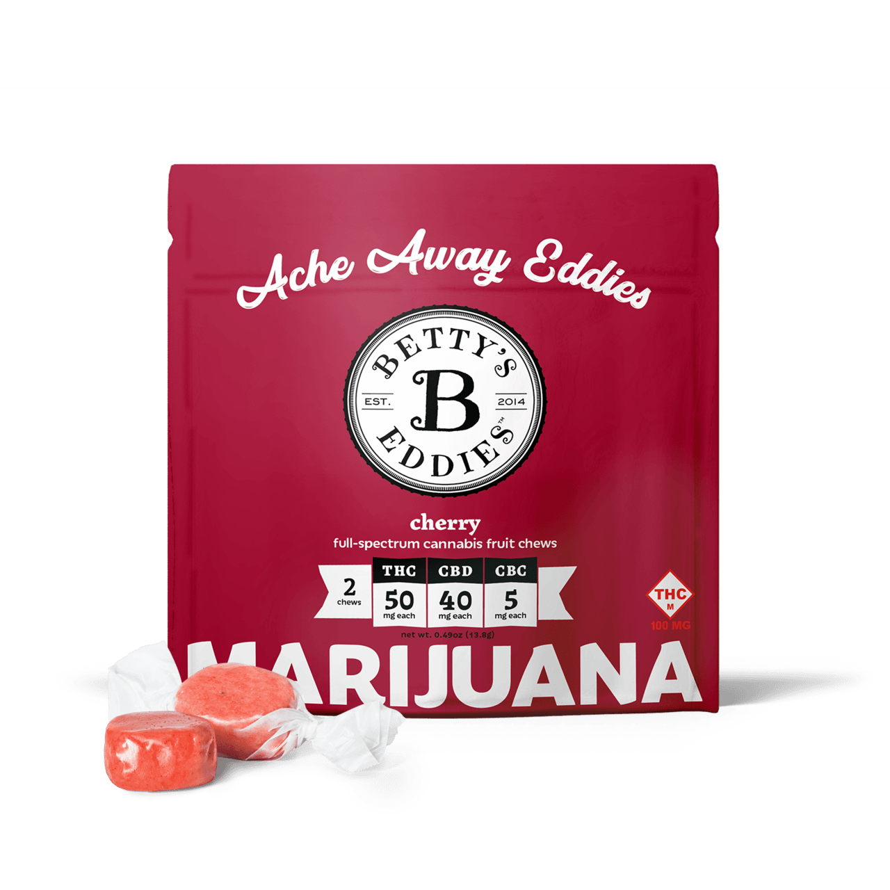 Photograph of product: BETTY'S EDDIES 100MG CHERRY FRUIT CHEWS 2PK W/CBD & CBC