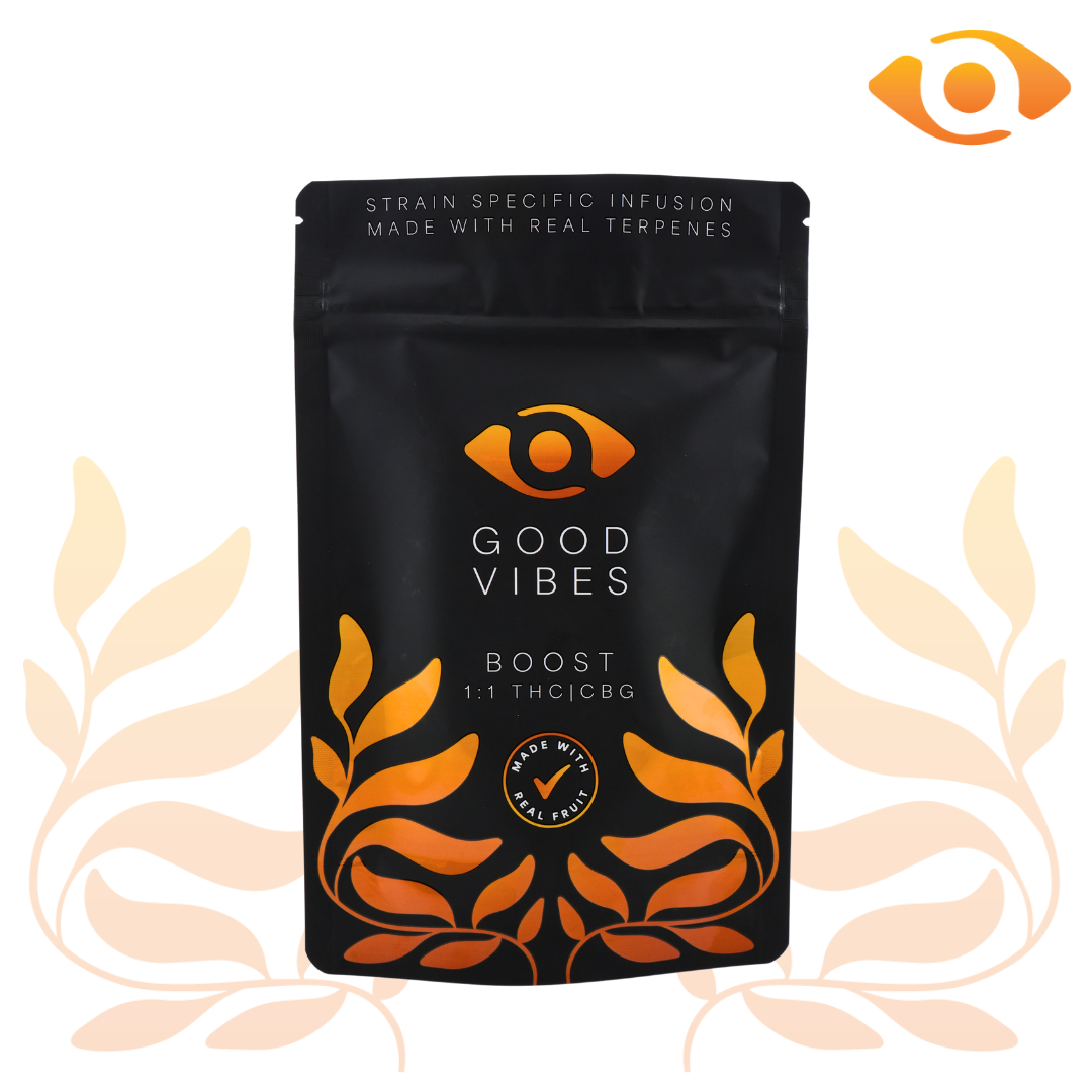 Photograph of Product: Boost Peach Mango Gummies - 1:1 THC/CBG 10mg 10pk