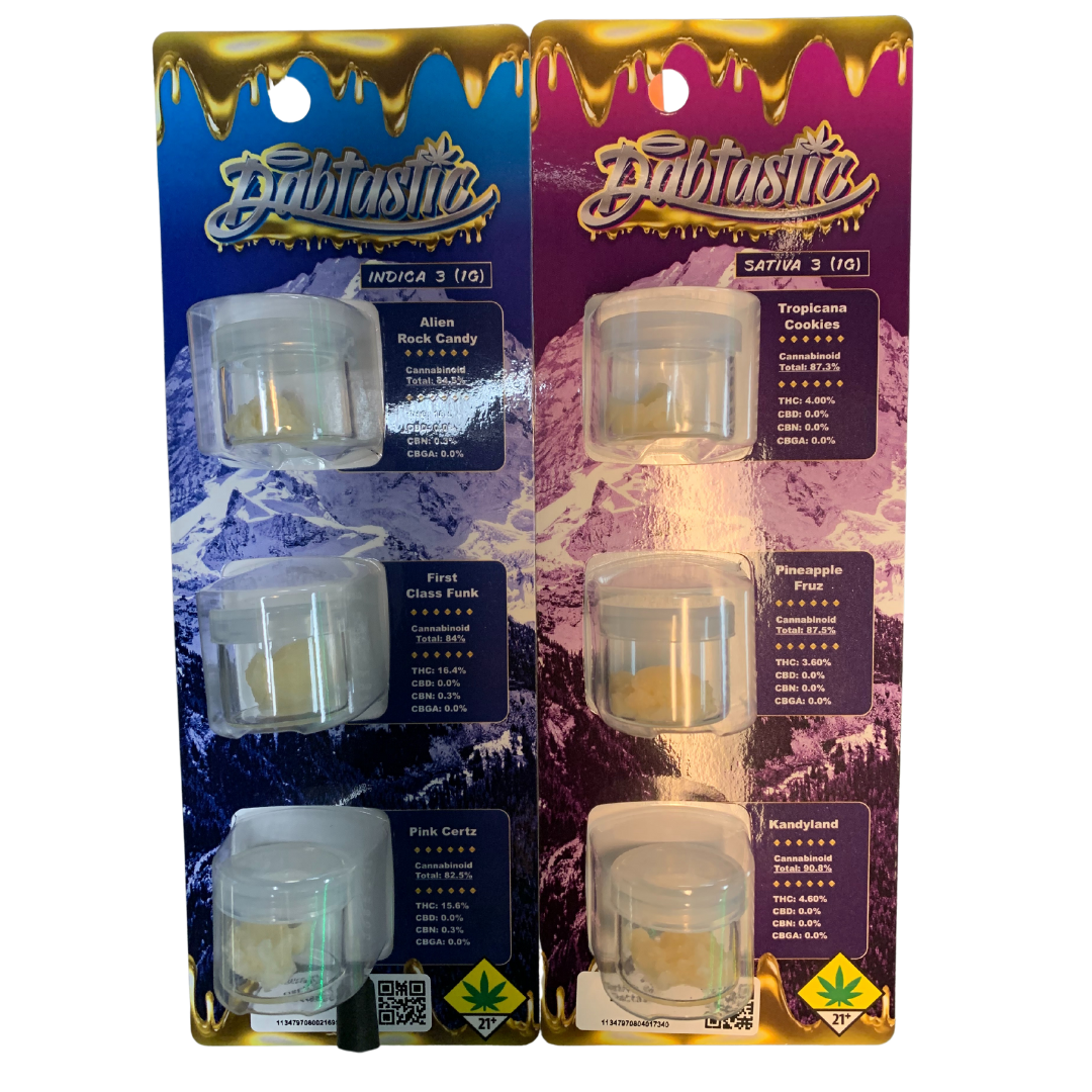 Photograph of product: Dabtastic Tropicana Cookie, Pineapple Fruz & Kandyland Wax Pack Oui'd 3pk 3g