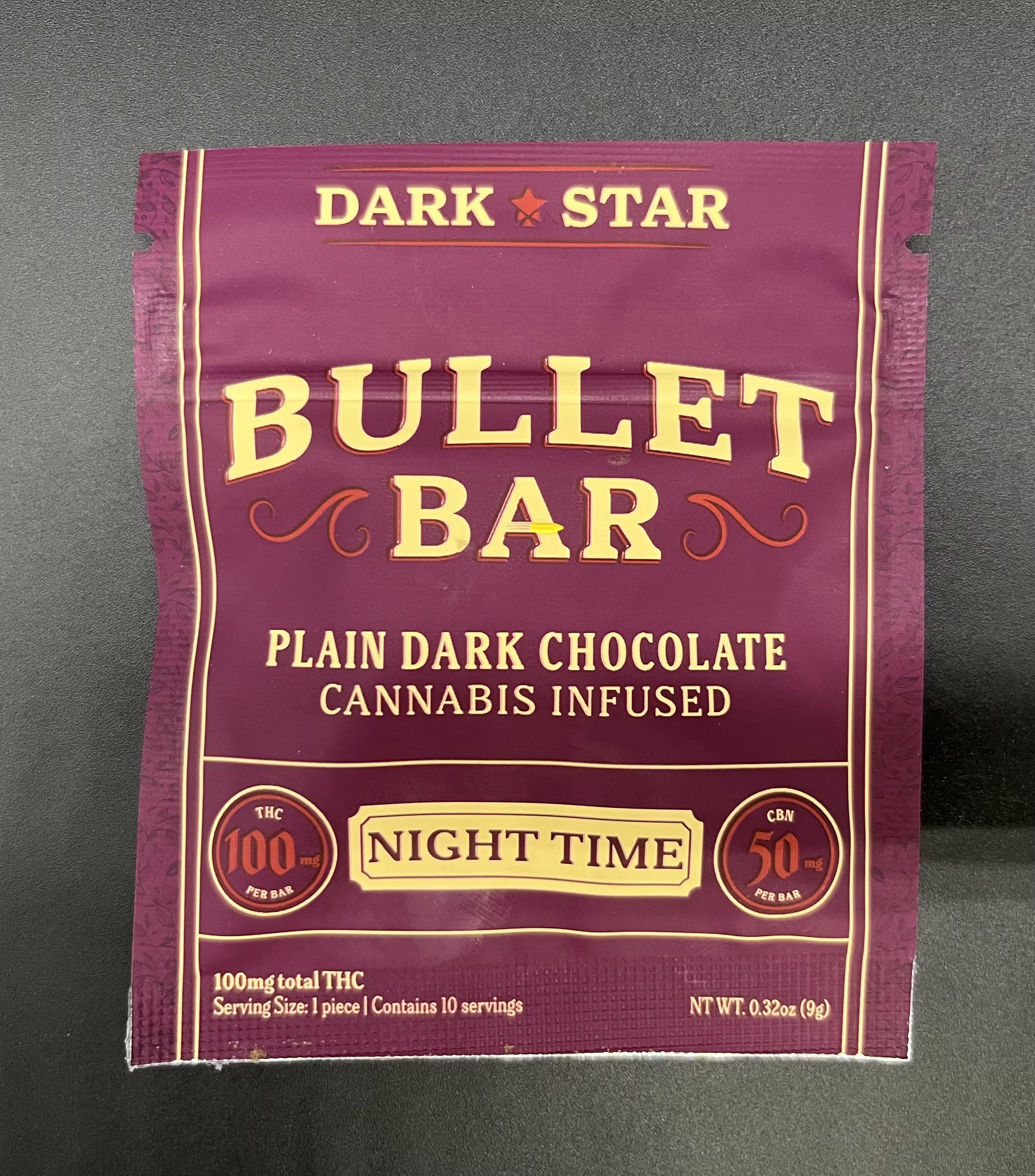 Photograph of product: Dark Star l Bullet Bar l Dark Chocolate mini chocolate bar 100mg night time