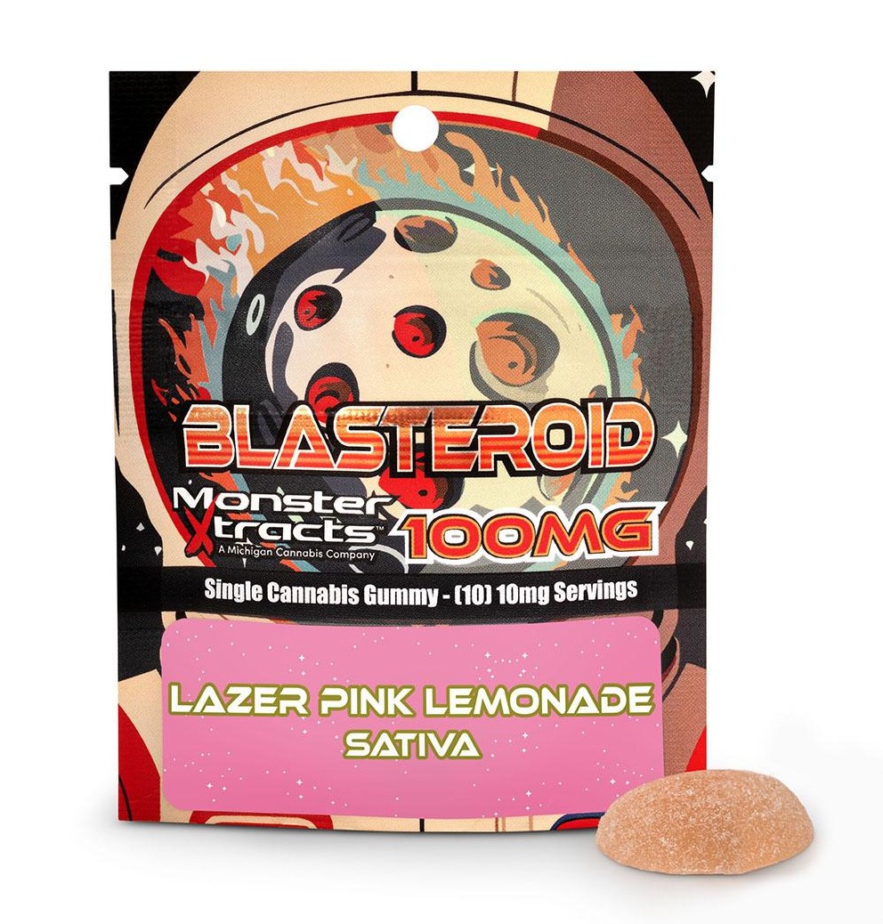 Photograph of product: Monster Xtracts Blasteroid Lazer Pink Lemonade Single Gummy 100mg Rec