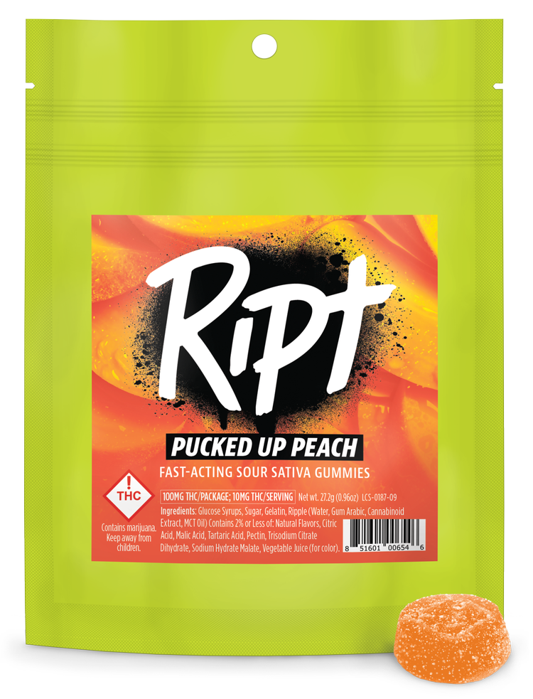 Photograph of product: Ript Pucked Up Peach Oui'd Gummies - 100mg TH-oui