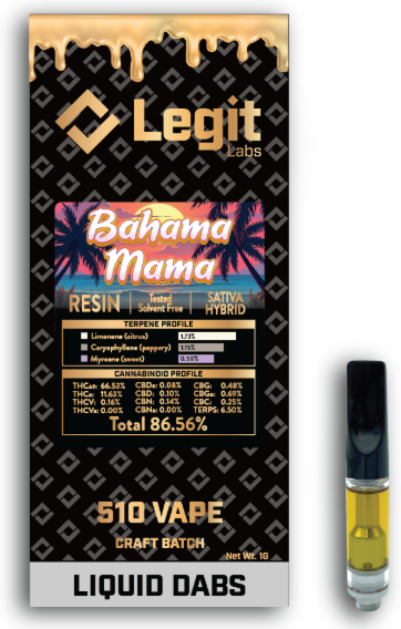 Photograph of product: Bahama Mama | 510 Thread | Cured Resin | Legit Labs
