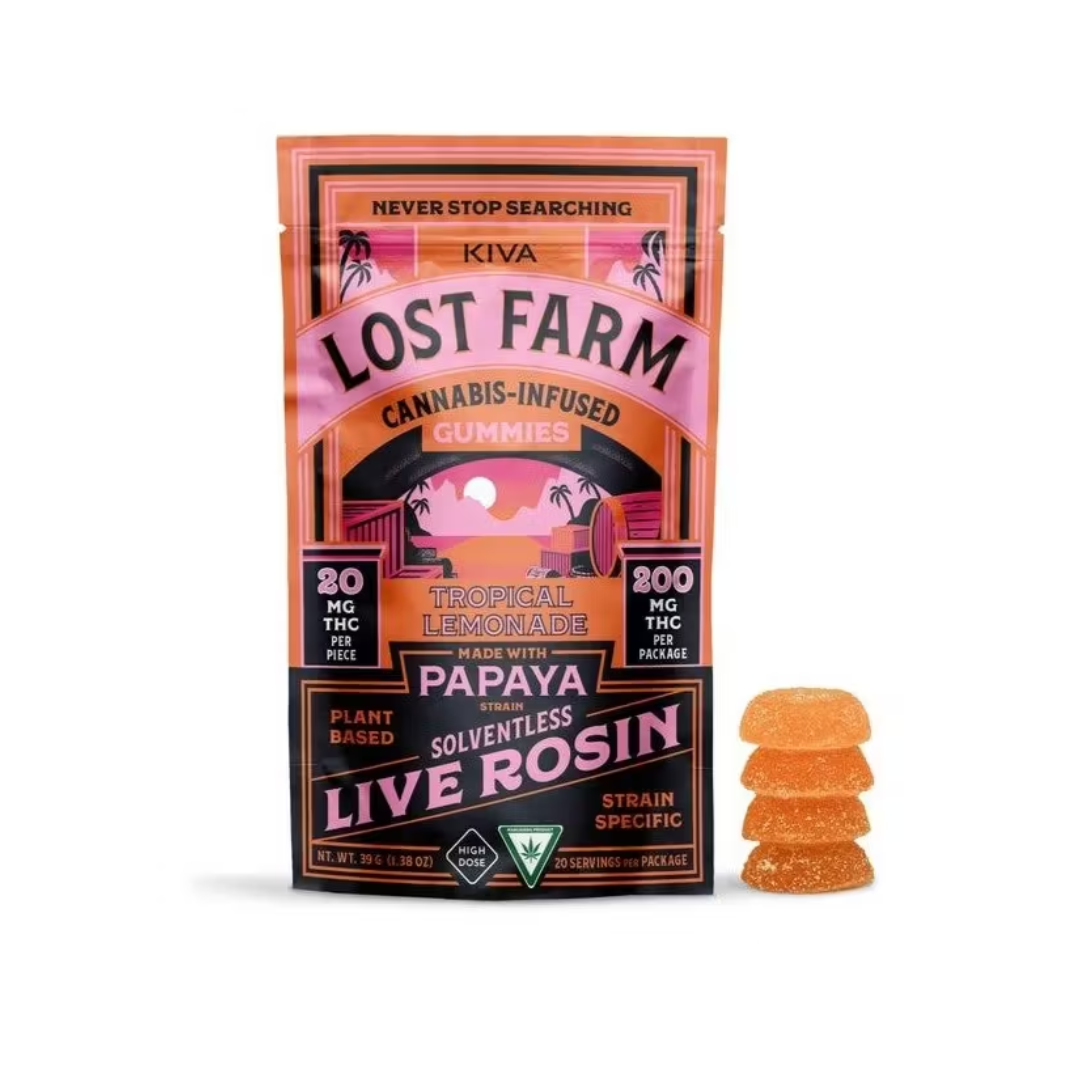 Photograph of product: Lost Farm | Tropical Lemonade X Papaya Live Rosin Gummies | 20x10mg | 200mg