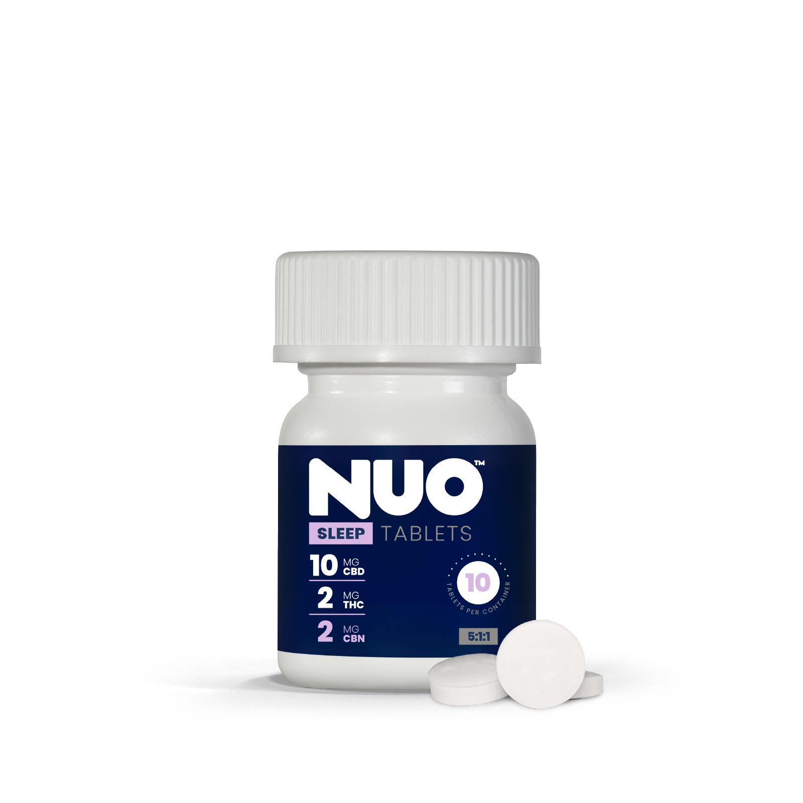 Photograph of product: NUO | Tablet | 5:1:1 (CBD 100 mg : TH-oui 20 mg : CBN 20 mg) | 10 ct