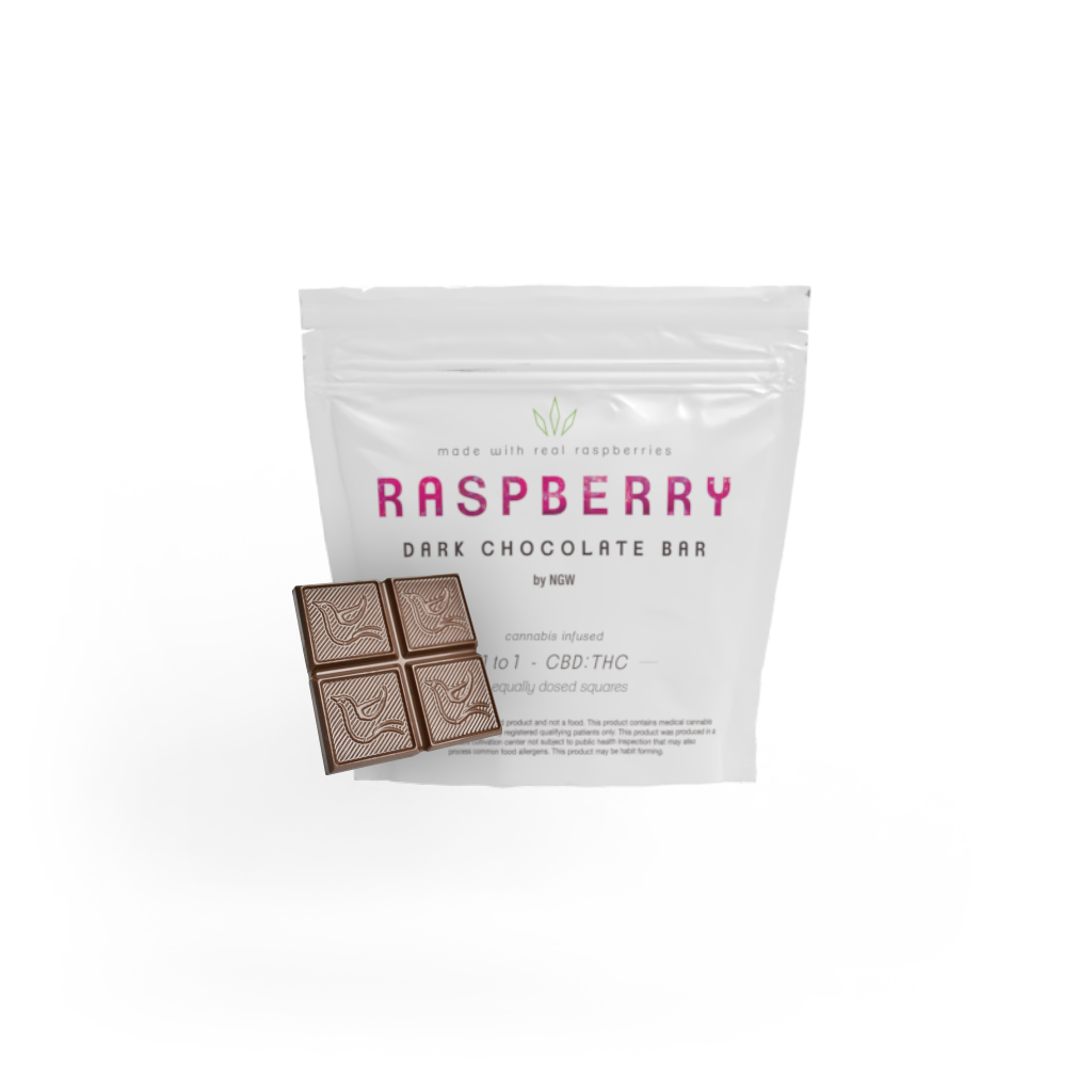 Photograph of product: Raspberry Dark Chocolate Bar | 100mg TH-oui: 100mg CBD | Nature's Grace
