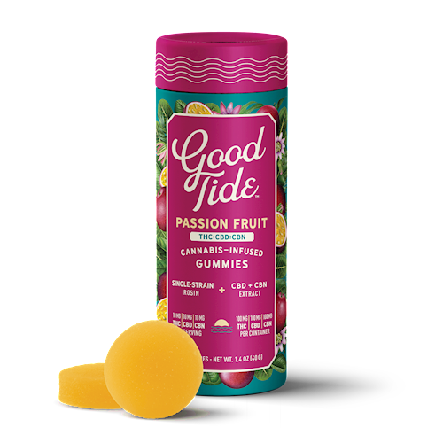 Photograph of product: Good Tide | Passion Fruit Gummies 1:1:1 | DOH | 100mg TH-oui 100mg CBD 100mg 100mg CBN
