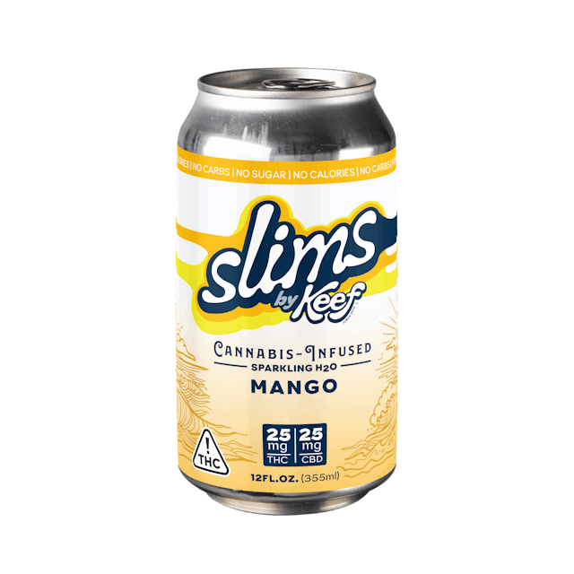 Photograph of product: Keef Slims: Mango Sparkling H2O 25mg THC: 25mg CBD - 12oz - 