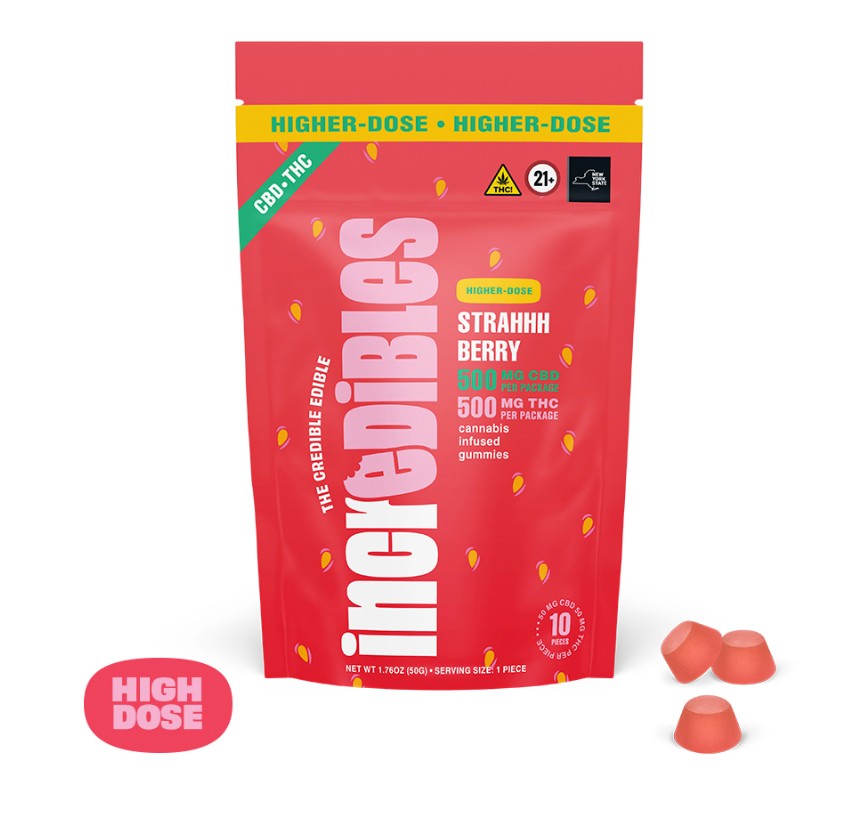 Photograph of product: Incredibles High Dose | Strahhhberry 1:1 TH-oui:CBD | 50mg:50mg/10pk Gummies