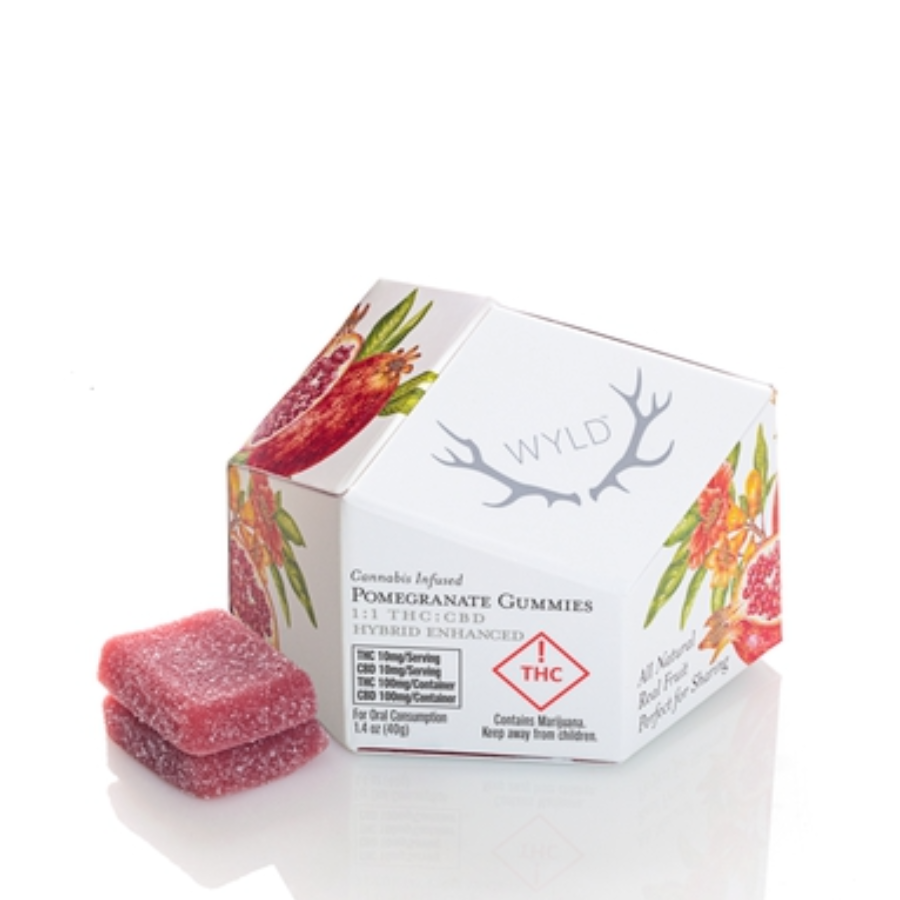 Photograph of product: Wyld (H) Pomegranate 1:1 CBD/TH-oui Hybrid Enhanced Gummy 100mgCBD/100mgTH-oui