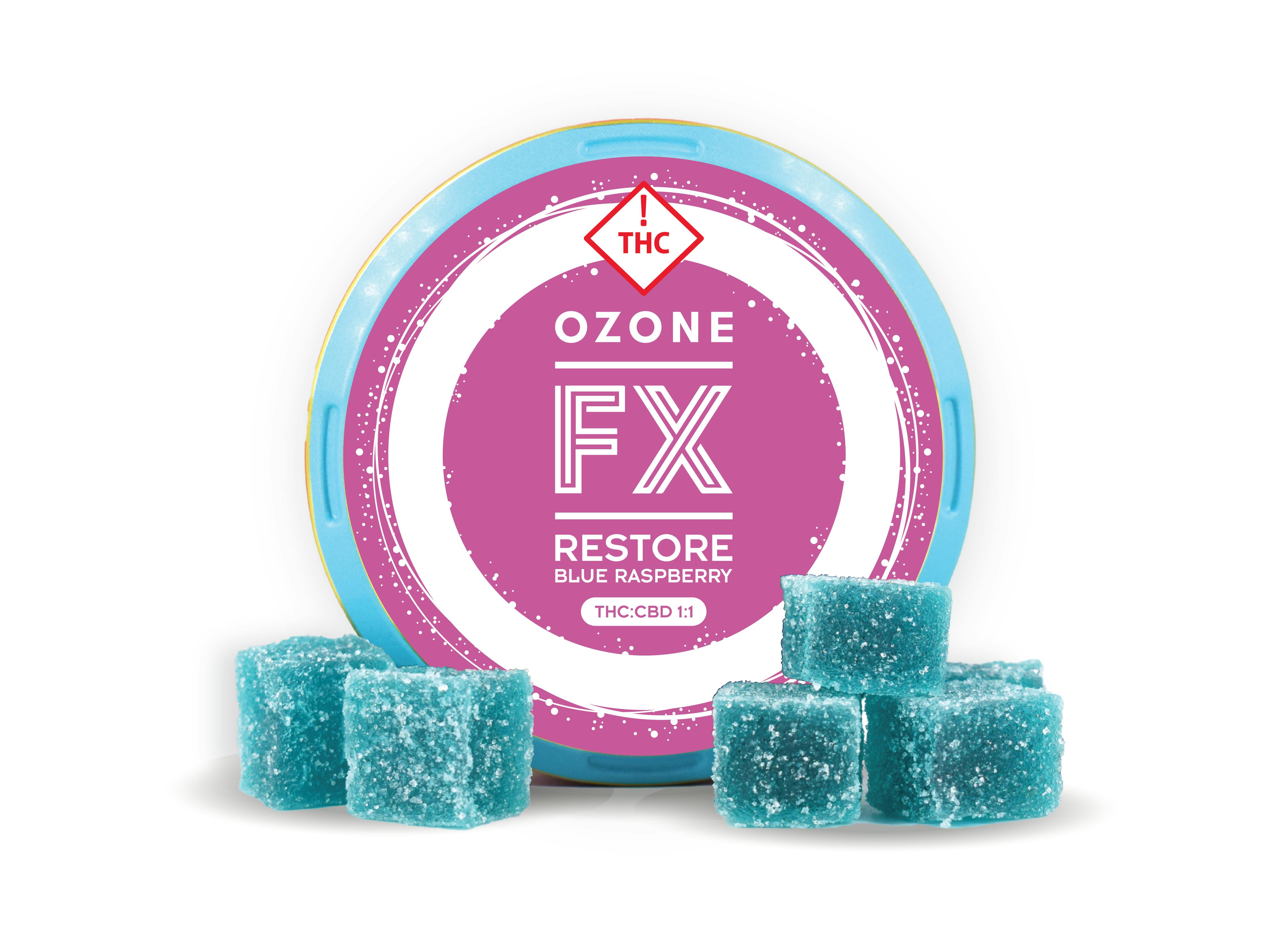 Photograph of product: Blue Raspberry FX Restore 1:1 TH-oui:CBD Soft Chews | 2 Pack